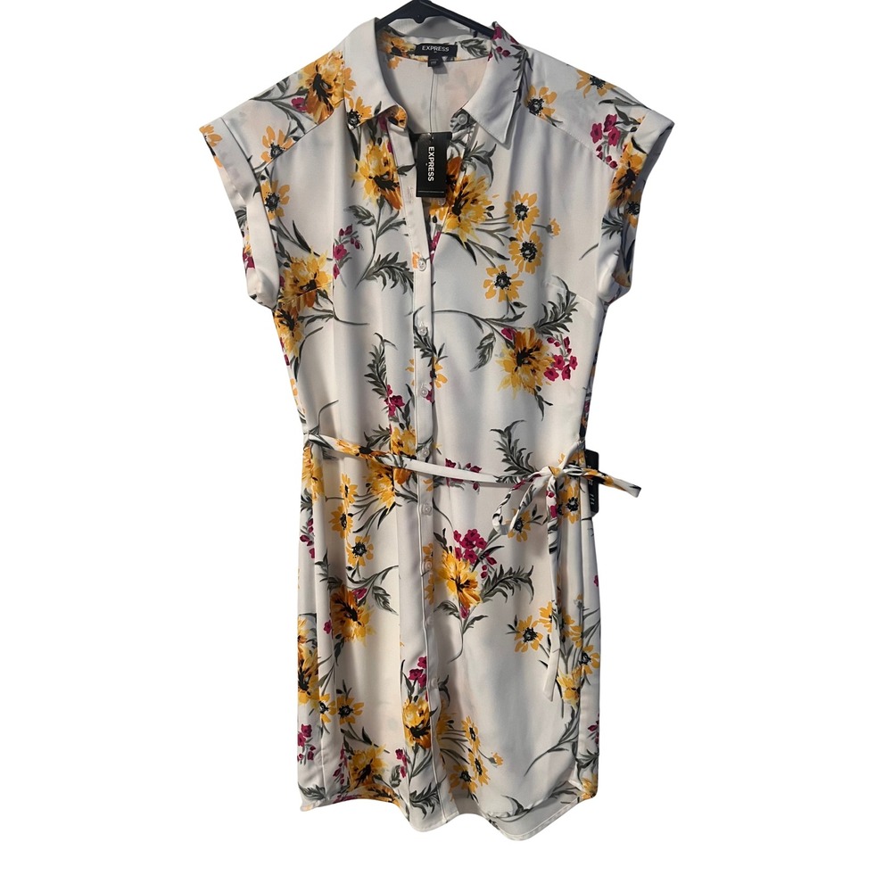 Express Floral Midi Shirt Dress in White with Yellow & Pink Flowers